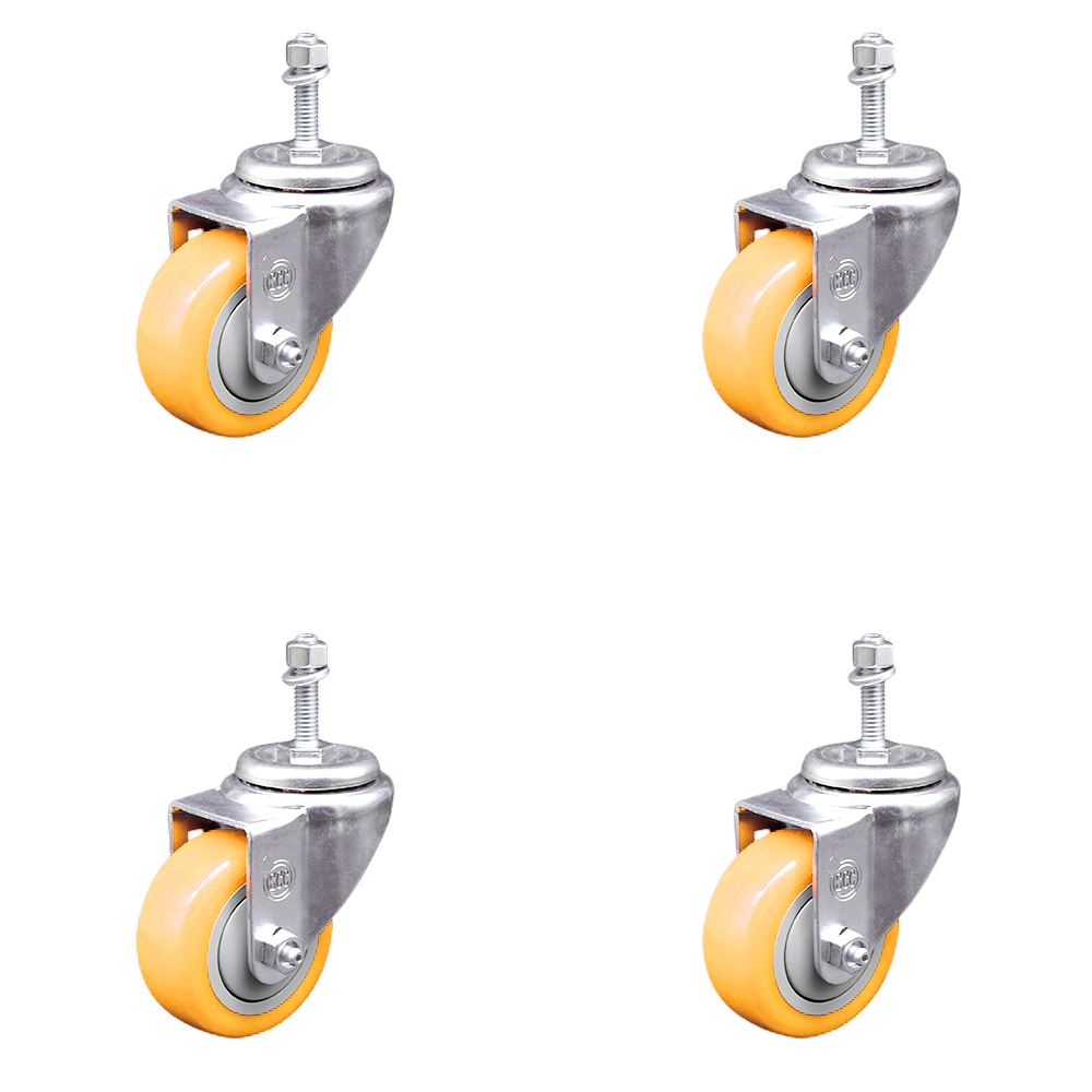 SCC-TS20S314-PPUB-YEL-M1015-4 Polyurethane Swivel Threaded Stem Caster with 3 x 1.25 in. Yellow Wheels & 10 mm Stems - Set of 4