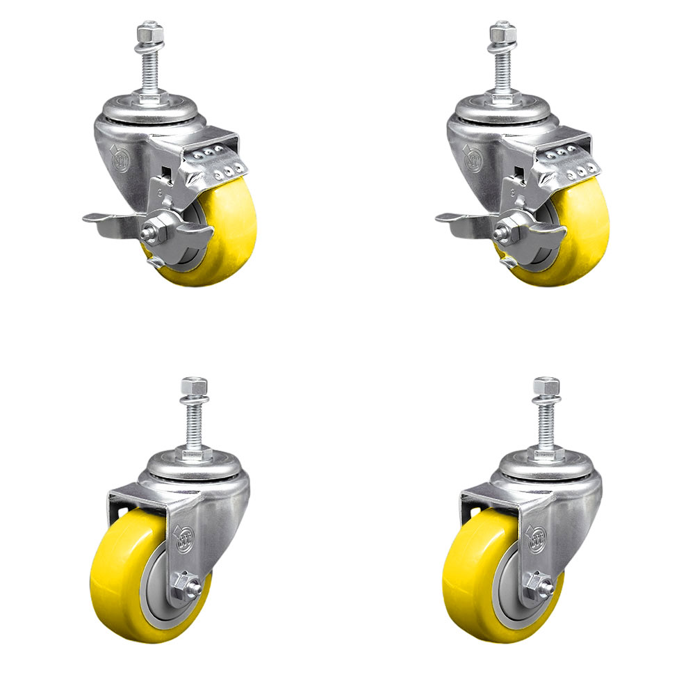 SCC-TS20S314-PPUB-YEL-TLB-381615-2S2 Polyurethane Swivel Threaded Stem Caster with 3 x 1.25 in. Yellow Wheels & 0.38 in. Stems - Set of 4