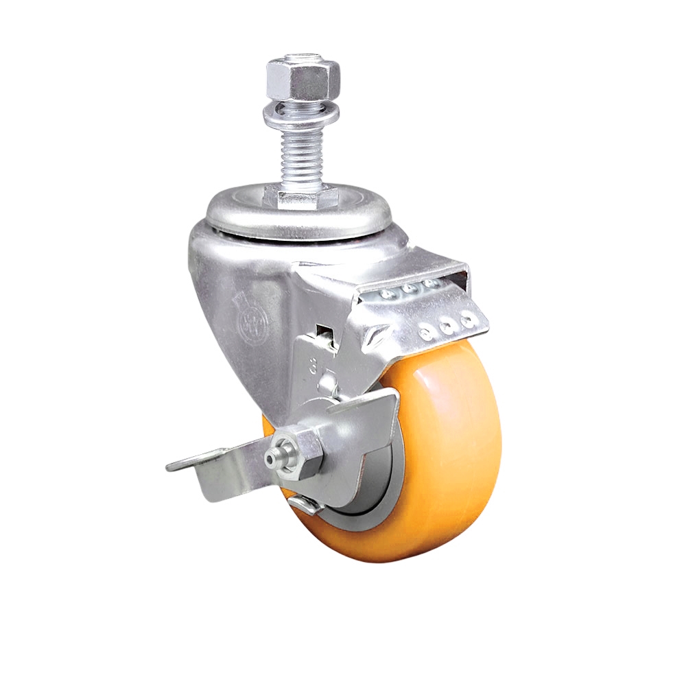 SCC-TS20S314-PPUB-YEL-TLB-M1215 Polyurethane Swivel Threaded Stem Caster with 3 x 1.25 in. Yellow Wheel & 12 mm Stem & Top Locking Brake