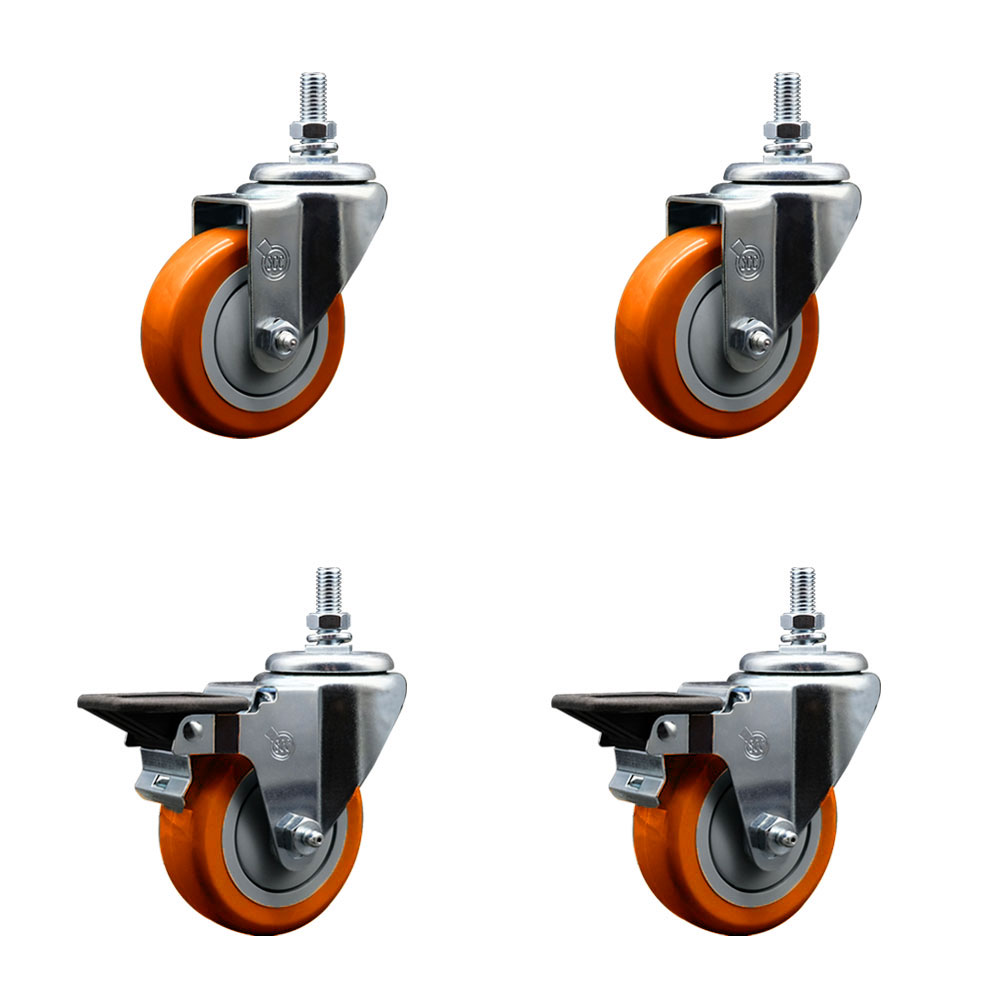 SCC-TS20S3514-PPUB-ORG-M1015-2-PLB-2 Polyurethane Swivel Threaded Stem Caster with 3.5 x 1.25 in. Orange Wheels & 10 mm Stems - Set of 4