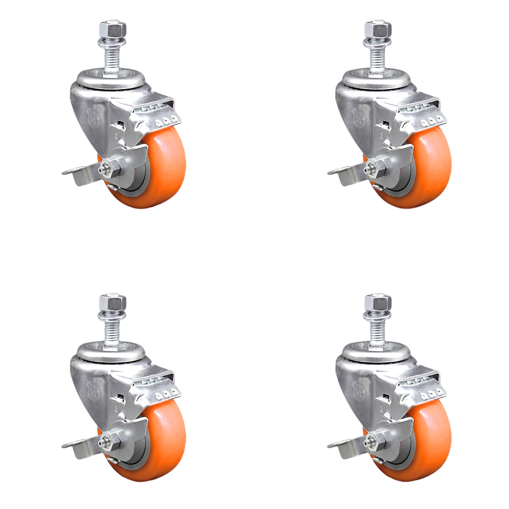 SCC-TS20S3514-PPUB-ORG-TLB-M1215-4 Polyurethane Swivel Threaded Stem Caster with 3.5 x 1.25 in. Orange Wheels & 12 mm Stems - Set of 4