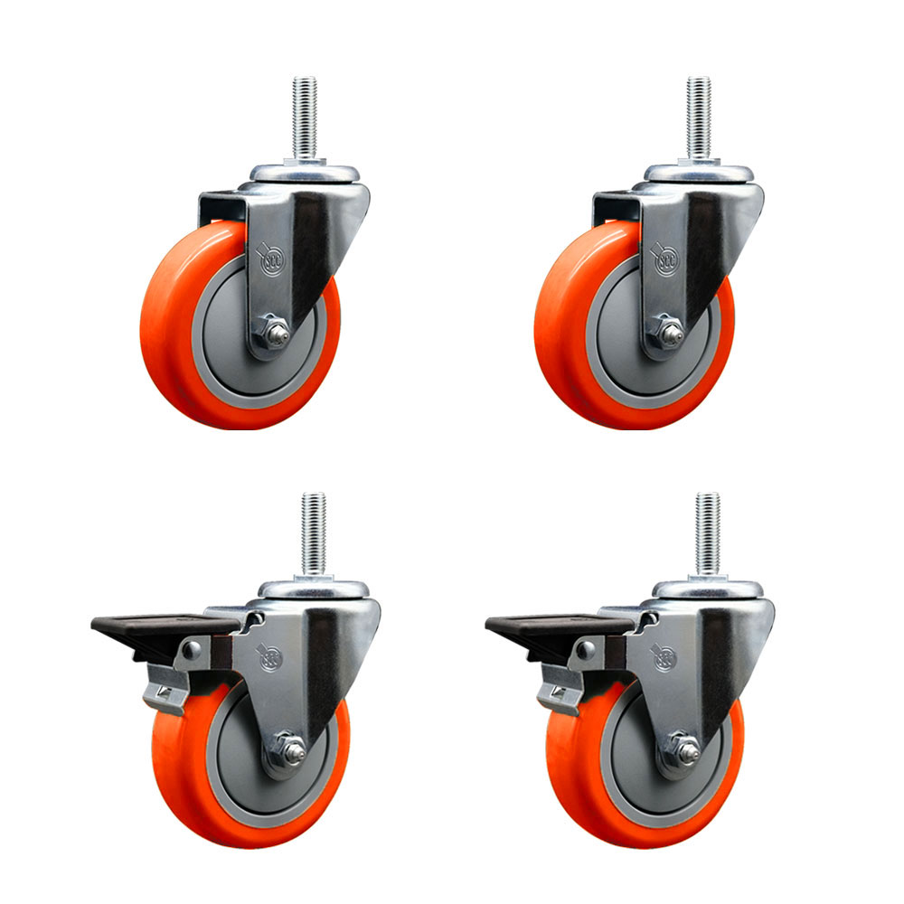 SCC-TS20S414-PPUB-ORG-34212-2-PLB-2 Polyurethane Swivel Threaded Stem Caster with 4 x 1.25 in. Orange Wheels & 0.75 in. Stems - Set of 4