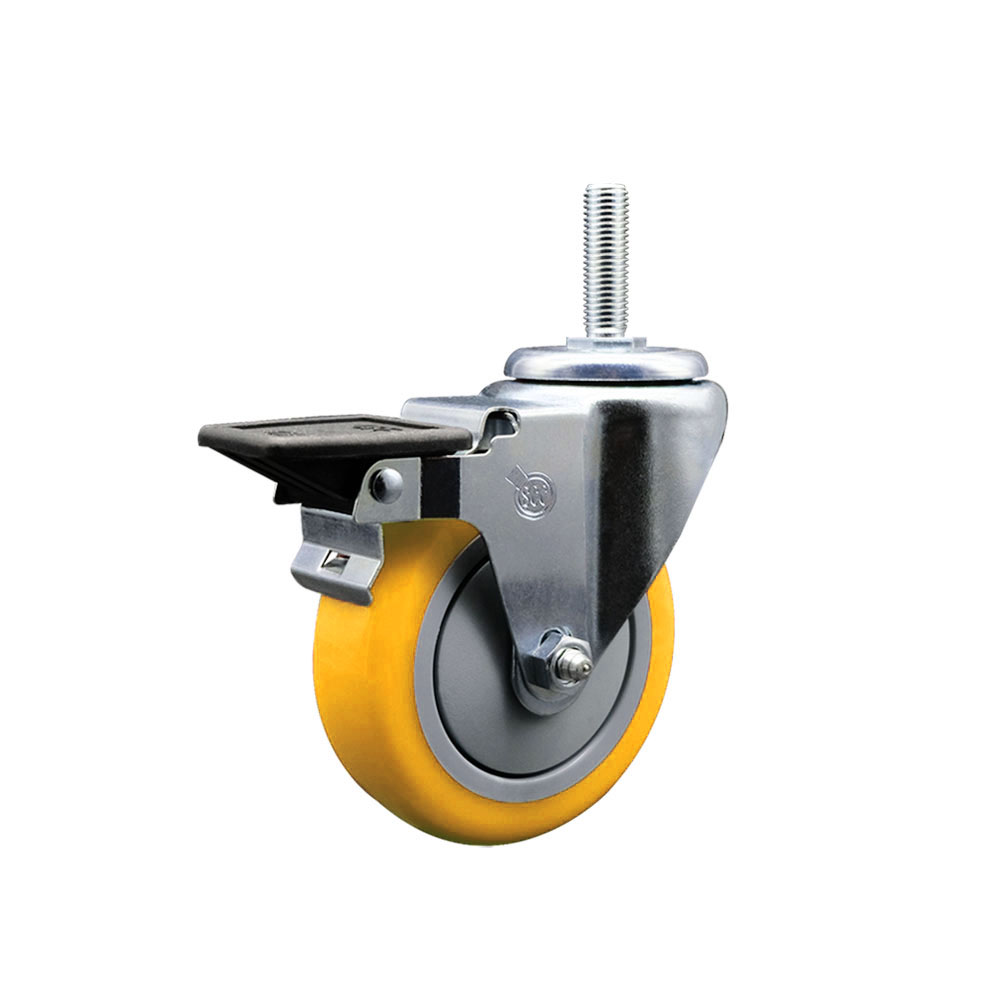 SCC-TS20S414-PPUB-YEL-PLB-34212 Polyurethane Swivel Threaded Stem Caster with 4 x 1.25 in. Yellow Wheel & 0.75 in. Stem & Posi Locking Brake