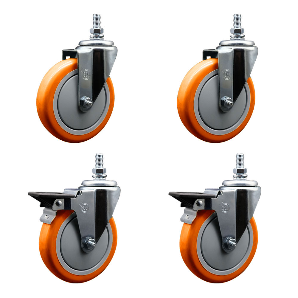 SCC-TS20S514-PPUB-ORG-M1015-2-PLB-2 Polyurethane Swivel Threaded Stem Caster with 5 x 1.25 in. Orange Wheels & 10 mm Stems - Set of 4