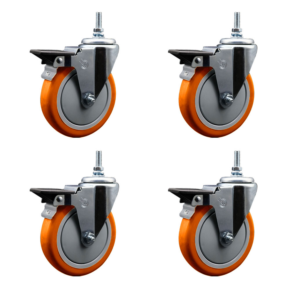 SCC-TS20S514-PPUB-ORG-PLB-381615-4 Polyurethane Swivel Threaded Stem Caster with 5 x 1.25 in. Orange Wheels & 0.38 in. Stems - Set of 4