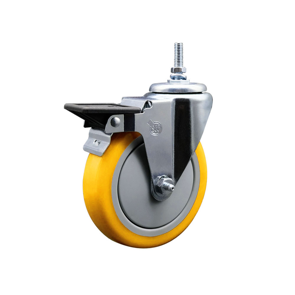 SCC-TS20S514-PPUB-YEL-PLB-381615 Polyurethane Swivel Threaded Stem Caster with 5 x 1.25 in. Yellow Wheel & 0.38 in. Stem & Posi Locking Brake