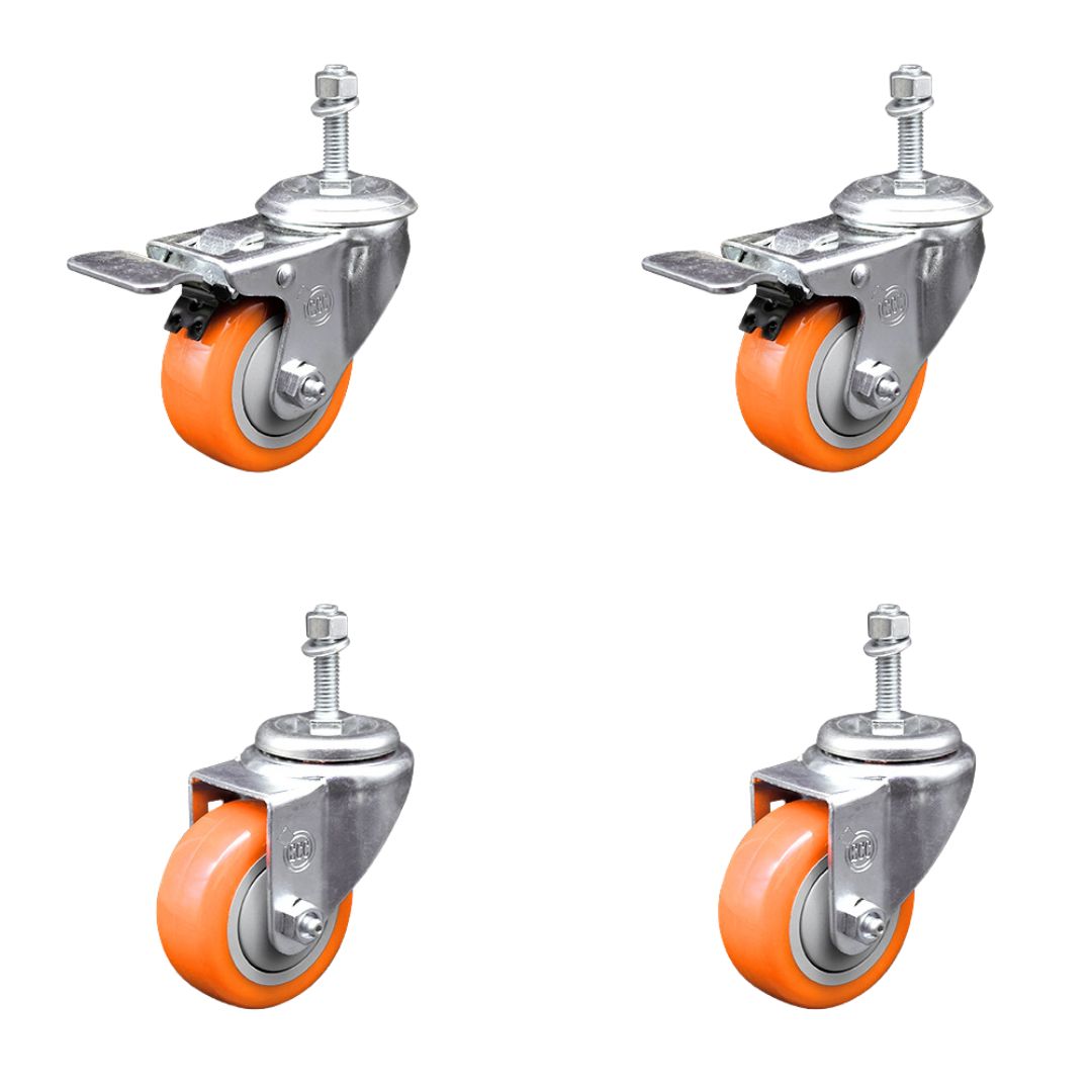 SCC-TSTTL20S314-PPUB-ORG-M1015-2-S-2 Polyurethane Swivel Threaded Stem Caster with 3 x 1.25 in. Orange Wheels & 10 mm Stems - Set of 4