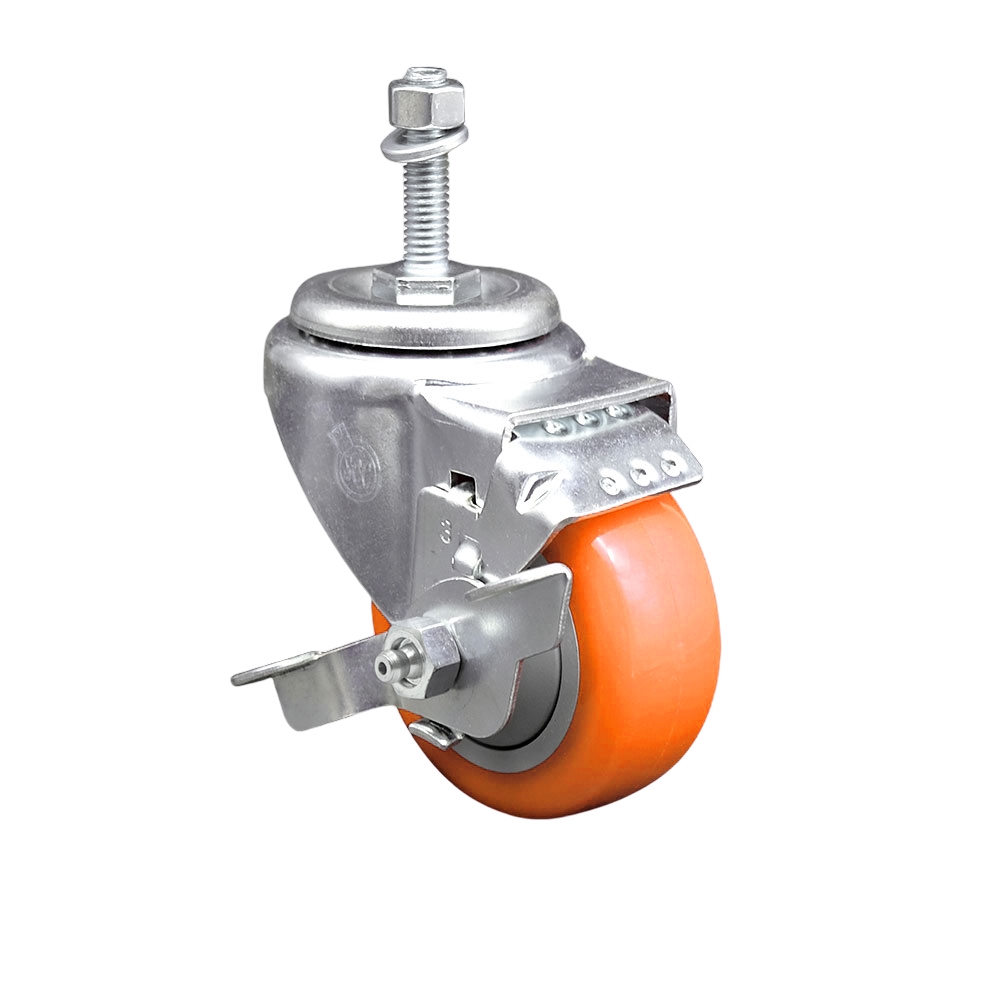 SCC-TS20S3514-PPUB-ORG-TLB-381615 Polyurethane Swivel Threaded Stem Caster with 3.5 x 1.25 in. Orange Wheel & 0.38 in. Stem & Top Locking Brake