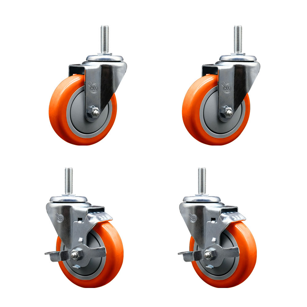 SCC-TS20S414-PPUB-ORG-58212-2-TLB-2 Polyurethane Swivel Threaded Stem Caster with 4 x 1.25 in. Orange Wheels & 0.63 in. Stems - Set of 4