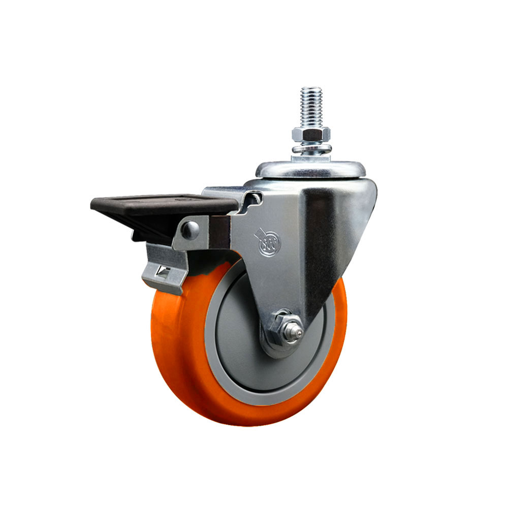 SCC-TS20S414-PPUB-ORG-PLB-121315 Polyurethane Swivel Threaded Stem Caster with 4 x 1.25 in. Orange Wheel & 0.5 in. Stem & Posi Locking Brake