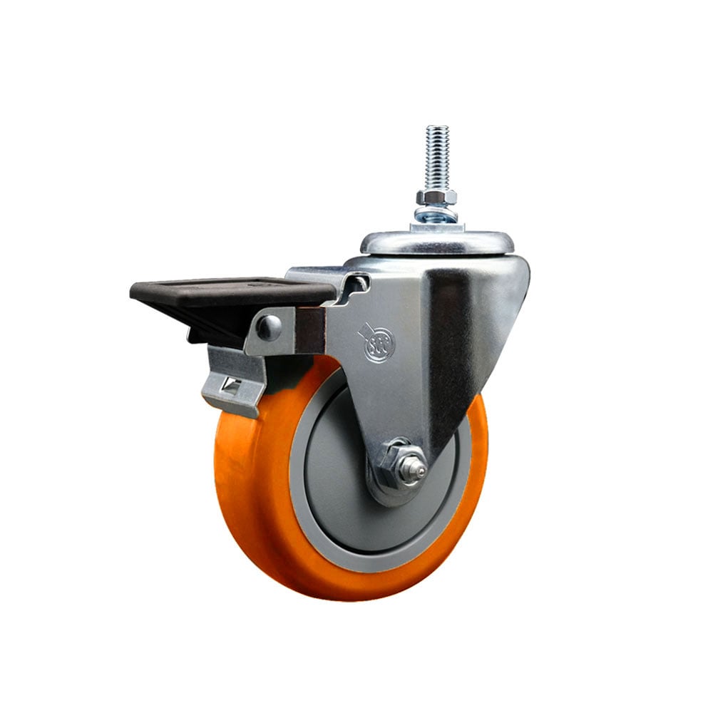SCC-TS20S414-PPUB-ORG-PLB-381615 Polyurethane Swivel Threaded Stem Caster with 4 x 1.25 in. Orange Wheel & 0.38 in. Stem & Posi Locking Brake