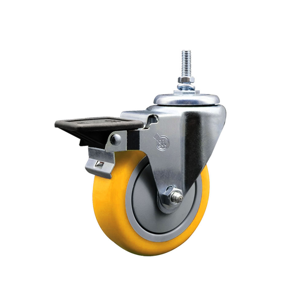 SCC-TS20S414-PPUB-YEL-PLB-M1215 Polyurethane Swivel Threaded Stem Caster with 4 x 1.25 in. Yellow Wheel & 12 mm Stem & Posi Locking Brake