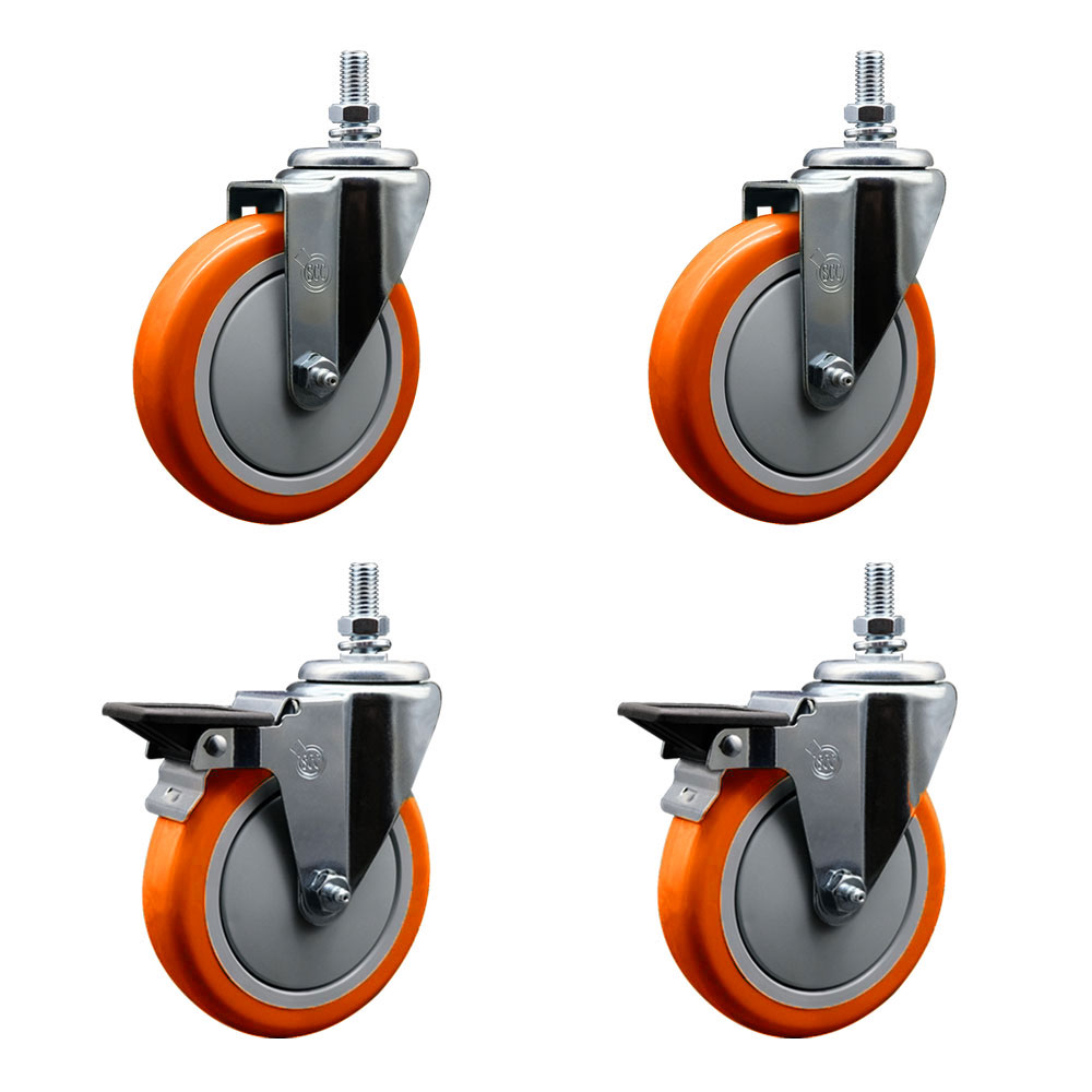 SCC-TS20S514-PPUB-ORG-121315-2-PLB-2 Polyurethane Swivel Threaded Stem Caster with 5 x 1.25 in. Orange Wheels & 0.5 in. Stems - Set of 4