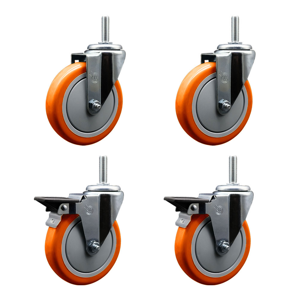 SCC-TS20S514-PPUB-ORG-34212-2-PLB-2 Polyurethane Swivel Threaded Stem Caster with 5 x 1.25 in. Orange Wheels & 0.75 in. Stems - Set of 4