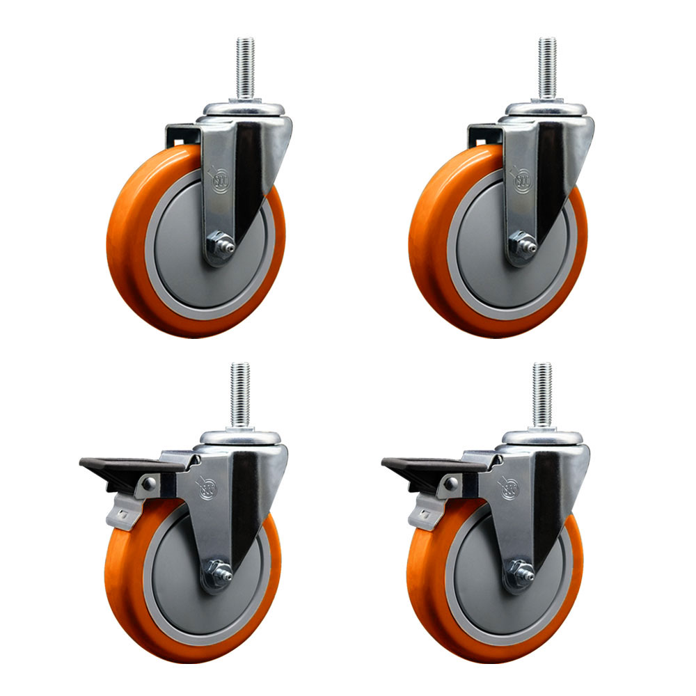 SCC-TS20S514-PPUB-ORG-58212-2-PLB-2 Polyurethane Swivel Threaded Stem Caster with 5 x 1.25 in. Orange Wheels & 0.63 in. Stems - Set of 4