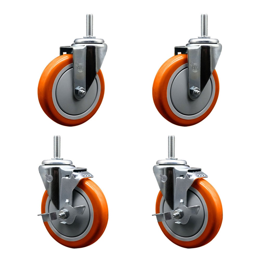 SCC-TS20S514-PPUB-ORG-58212-2-TLB-2 Polyurethane Swivel Threaded Stem Caster with 5 x 1.25 in. Orange Wheels & 0.63 in. Stems - Set of 4
