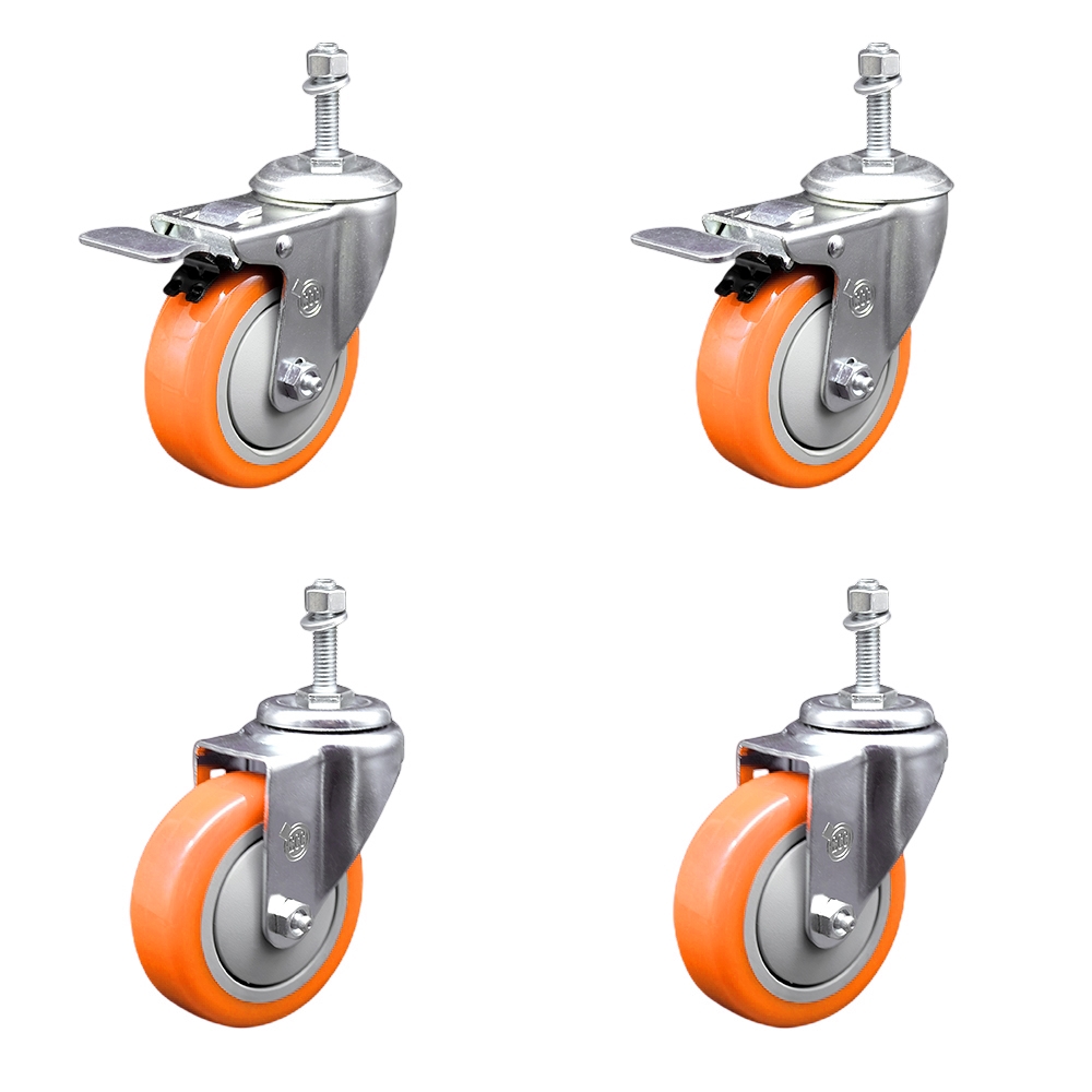SCC-TSTTL20S414-PPUB-ORG-M1015-2-S-2 Polyurethane Swivel Threaded Stem Caster with 4 x 1.25 in. Orange Wheels & 10 mm Stems - Set of 4