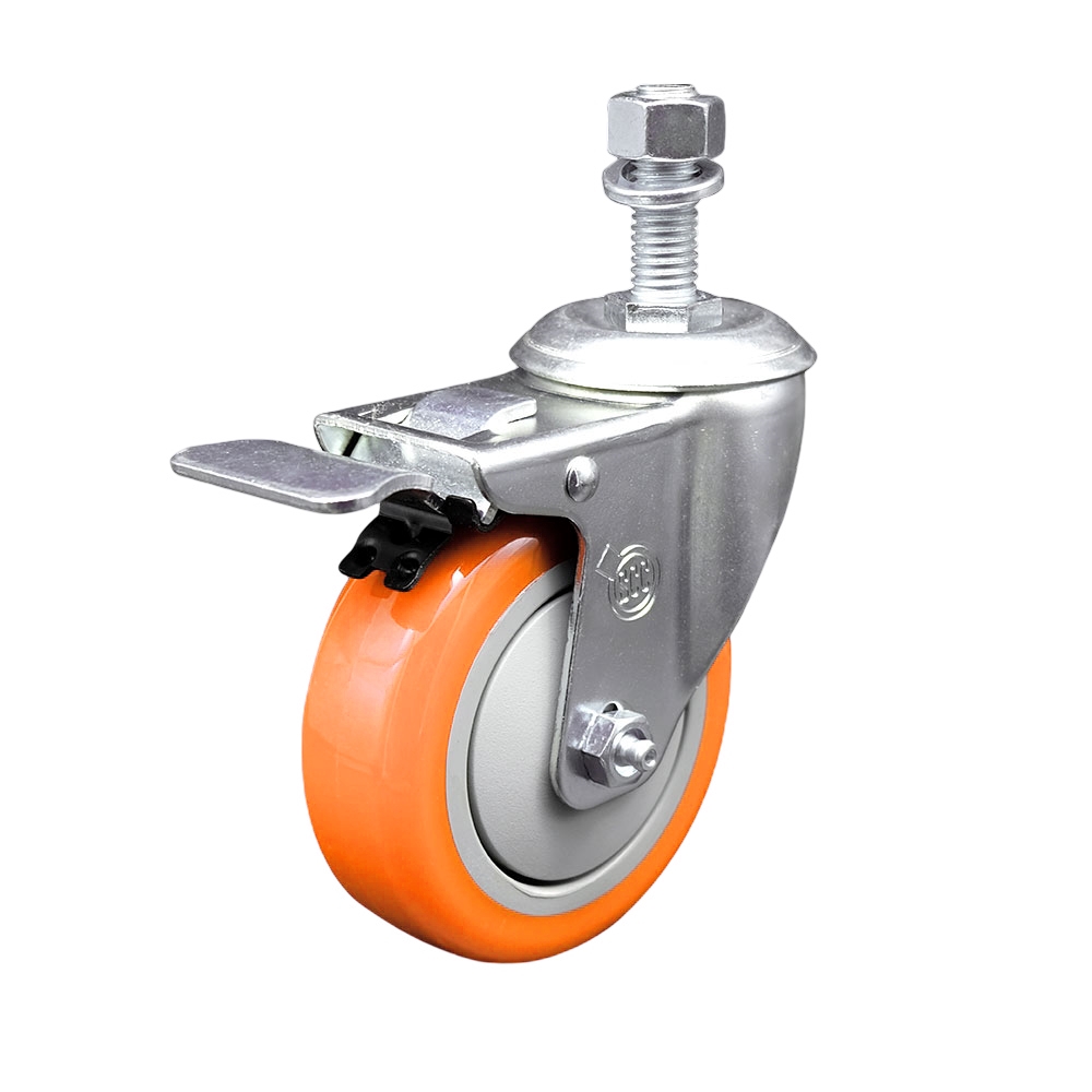 SCC-TSTTL20S414-PPUB-ORG-M1215 Polyurethane Swivel Threaded Stem Caster with 4 x 1.25 in. Orange Wheel & 12 mm Stem & Total Locking Brake