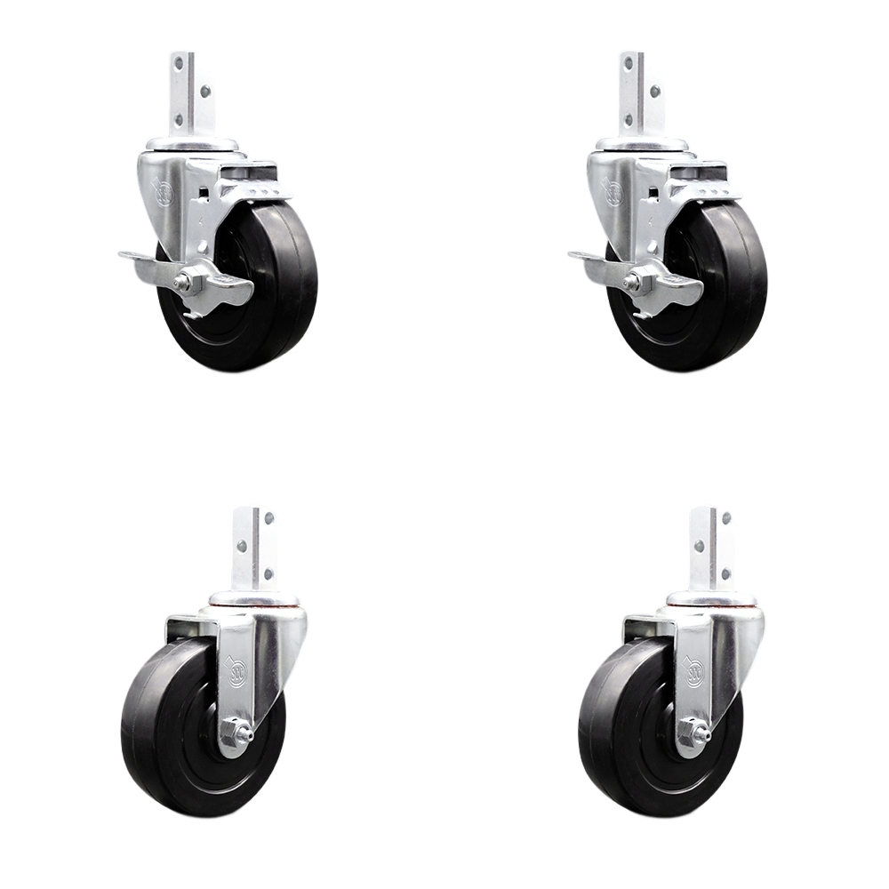 Swivel Square Stem Caster with 4 x 1.25 in. Black Soft Rubber Wheel, 0.75 x 2 in. Square Stem with 3 0.26 in. Diameter Mounting Holes - Set of 4