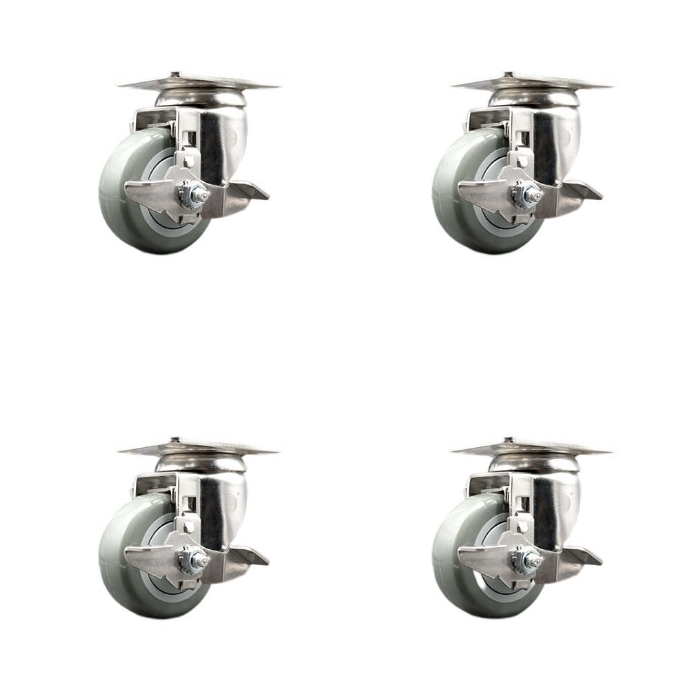 SCC-SS31620S314-PPUB-TLB-4 Polyurethane Swivel Top Plate Caster with 3 in. 316 Stainless Steel Gray Wheels - Set of 4