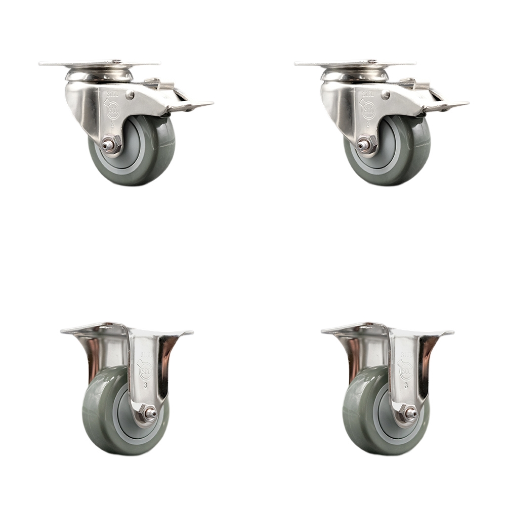 SCC-SS316TTL20S3514-PPUB-2-R-2 Polyurethane Swivel Top Plate Caster with 3.5 in. 316 Stainless Steel Gray Wheels - Set of 4