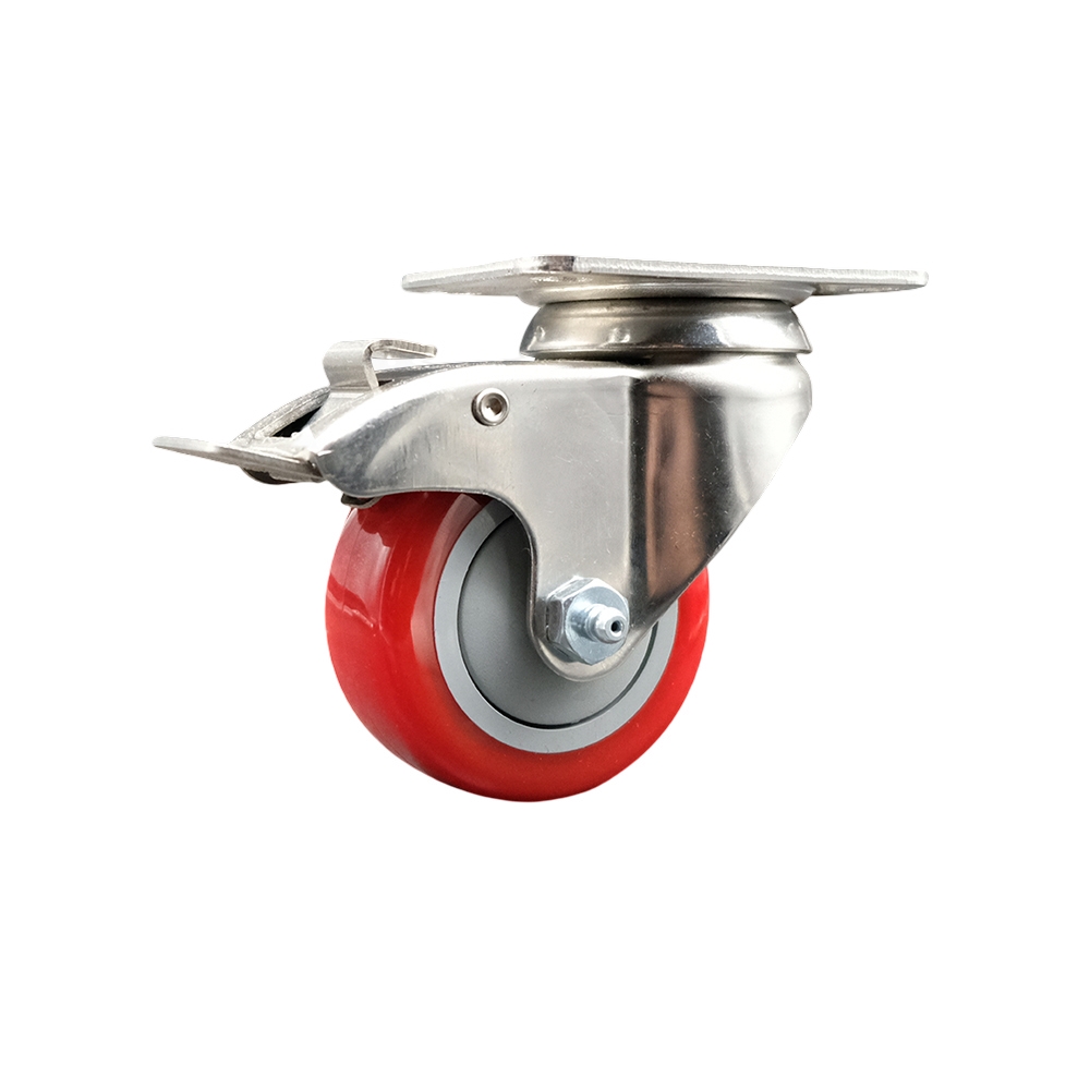 SCC-SS316TTL20S314-PPUB-RED Polyurethane Swivel Top Plate Caster with 3 in. 316 Stainless Steel Red Caster Wheel & Total Lock Brake