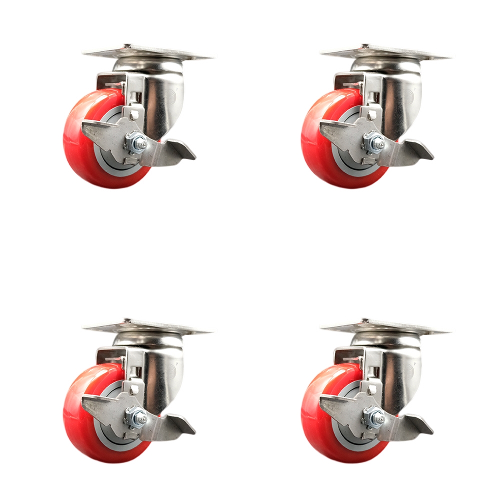 SCC-SS31620S3514-PPUB-RED-TLB-4 Polyurethane Swivel Top Plate Caster with 3.5 in. 316 Stainless Steel Red Wheels - Set of 4