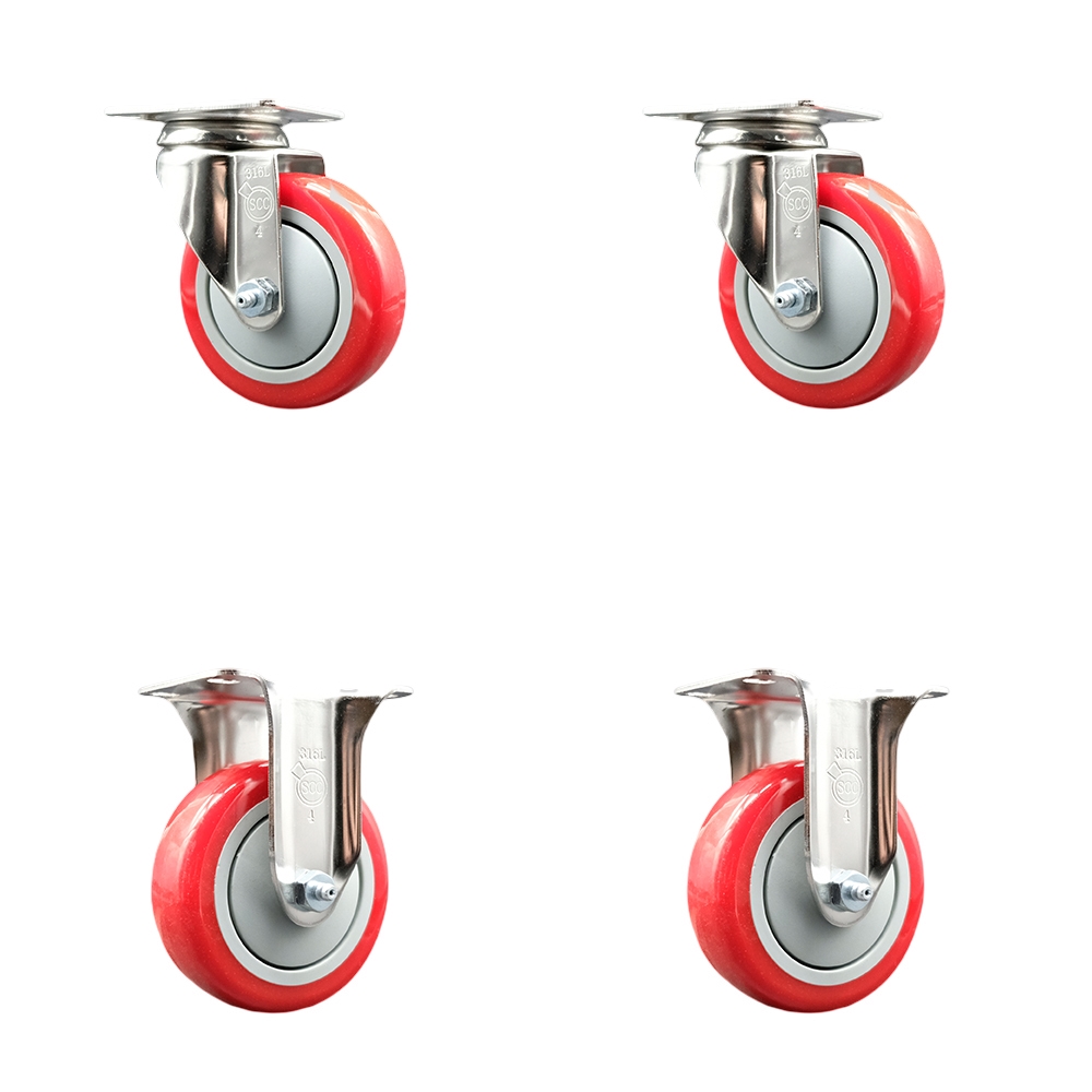 SCC-SS31620S414-PPUB-RED-2-R-2 Polyurethane Swivel Top Plate Caster with 4 in. 316 Stainless Steel Red Wheels - Set of 4