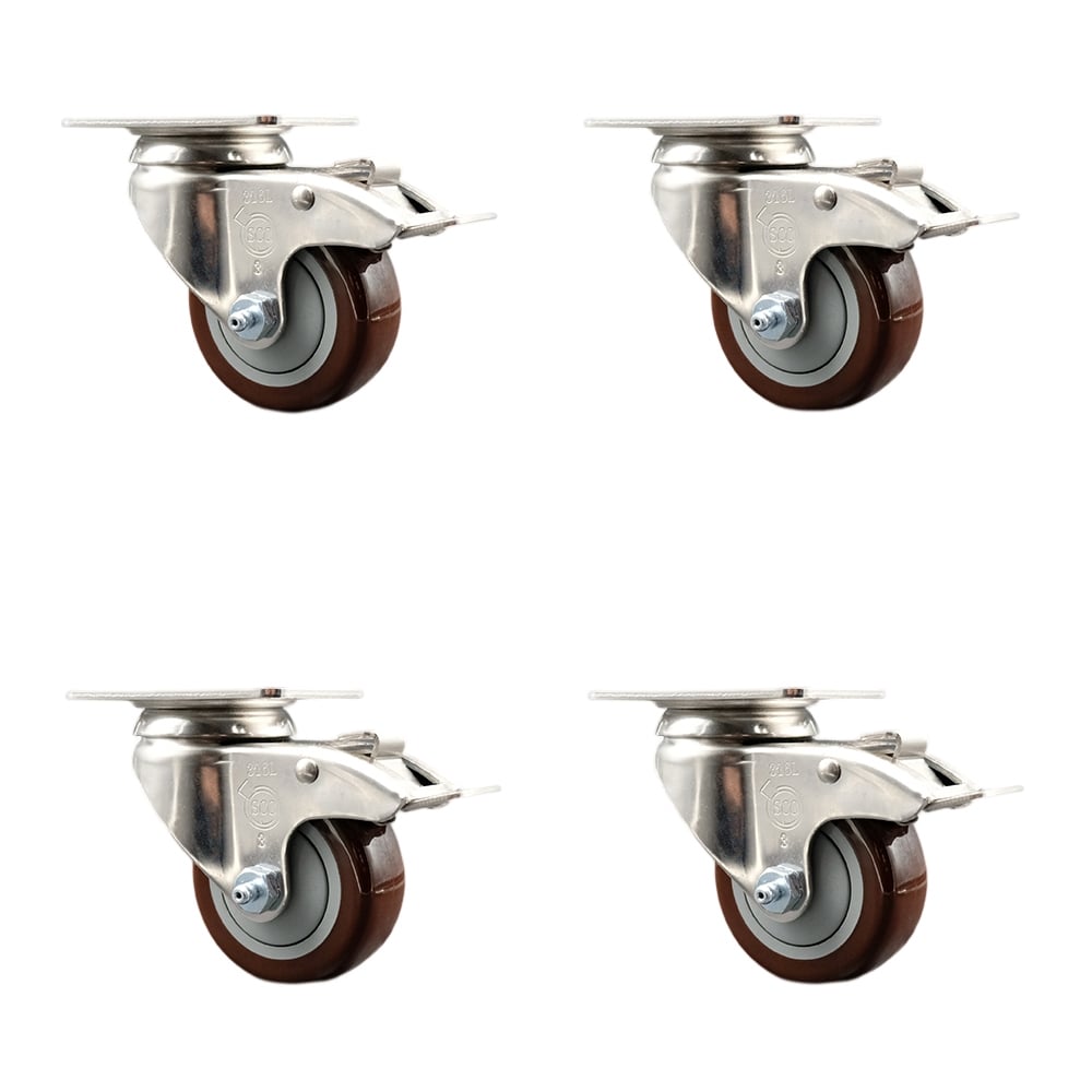 SCC-SS316TTL20S314-PPUB-MRN-4 Polyurethane Swivel Top Plate Caster with 3 in. 316 Stainless Steel Maroon Wheels - Set of 4