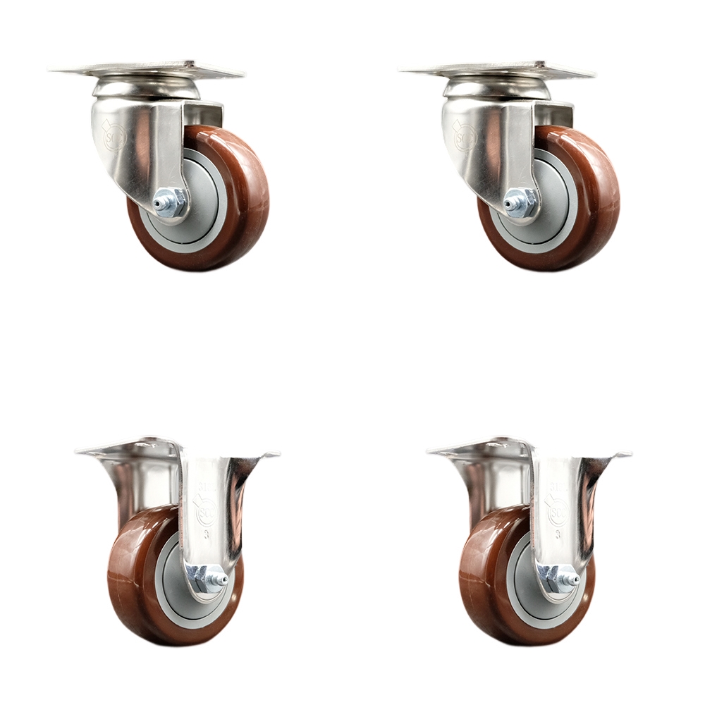 SCC-SS31620S314-PPUB-MRN-2-R-2 Polyurethane Swivel Top Plate Caster with 3 in. 316 Stainless Steel Maroon Wheels - Set of 4