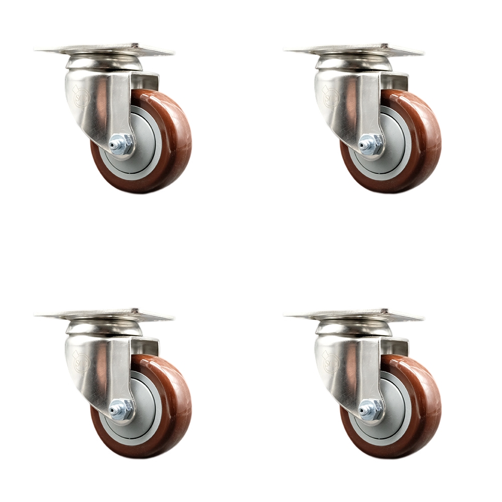 SCC-SS31620S3514-PPUB-MRN-4 Polyurethane Swivel Top Plate Caster with 3.5 in. 316 Stainless Steel Maroon Wheels - Set of 4