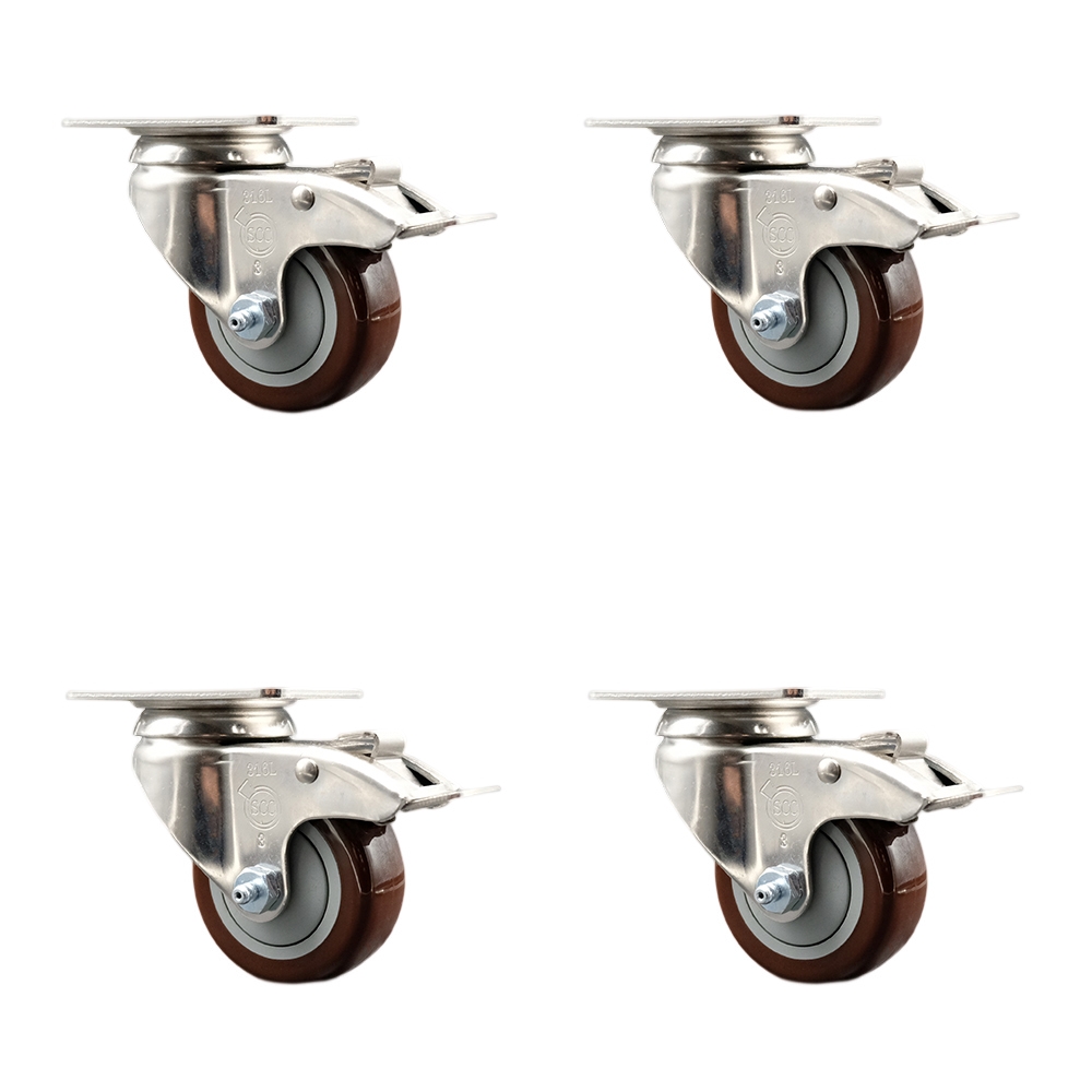 SCC-SS316TTL20S3514-PPUB-MRN-4 Polyurethane Swivel Top Plate Caster with 3.5 in. 316 Stainless Steel Maroon Wheels - Set of 4