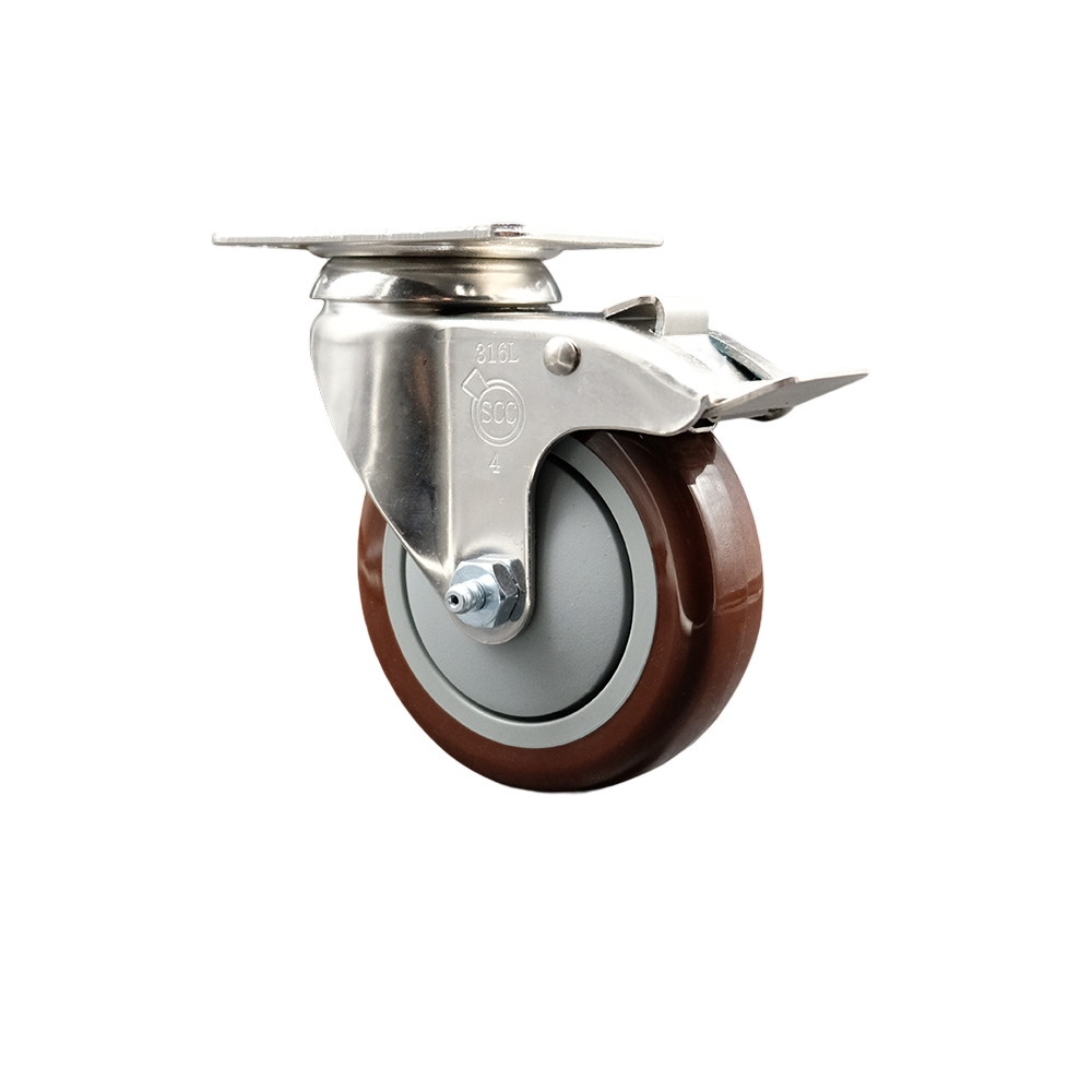 SCC-SS316TTL20S414-PPUB-MRN Polyurethane Swivel Top Plate Caster with 4 in. 316 Stainless Steel Maroon Caster Wheel & Total Lock Brake