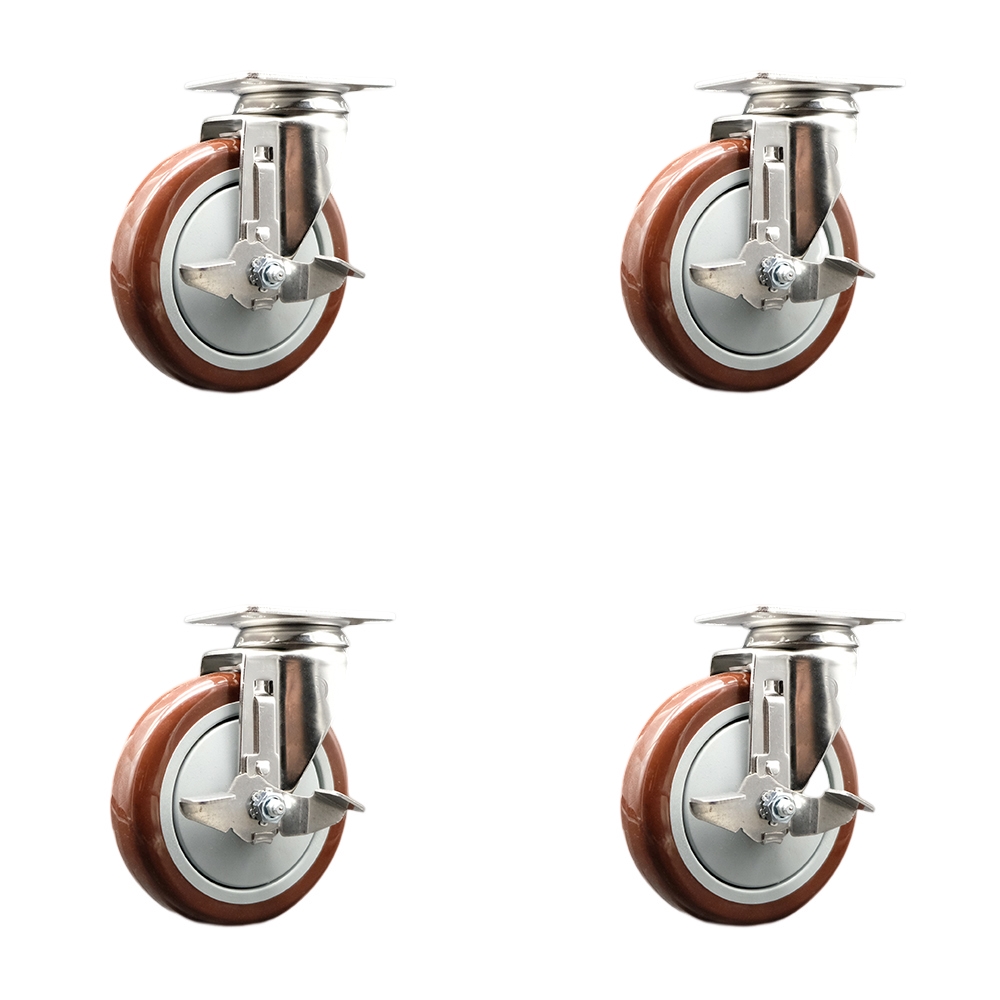 SCC-SS31620S514-PPUB-MRN-TLB-4 Polyurethane Swivel Top Plate Caster with 5 in. 316 Stainless Steel Maroon Wheels - Set of 4