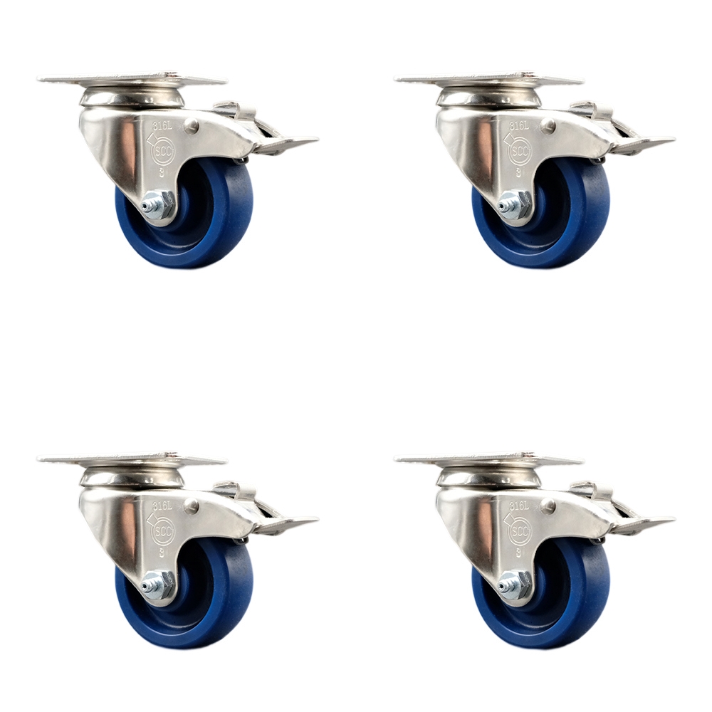 SCC-SS316TTL20S314-SPUS-4 Solid Poly Swivel Top Plate Caster with 3 in. Blue Caster Wheels - 316 Stainless Steel Caster - Set of 4