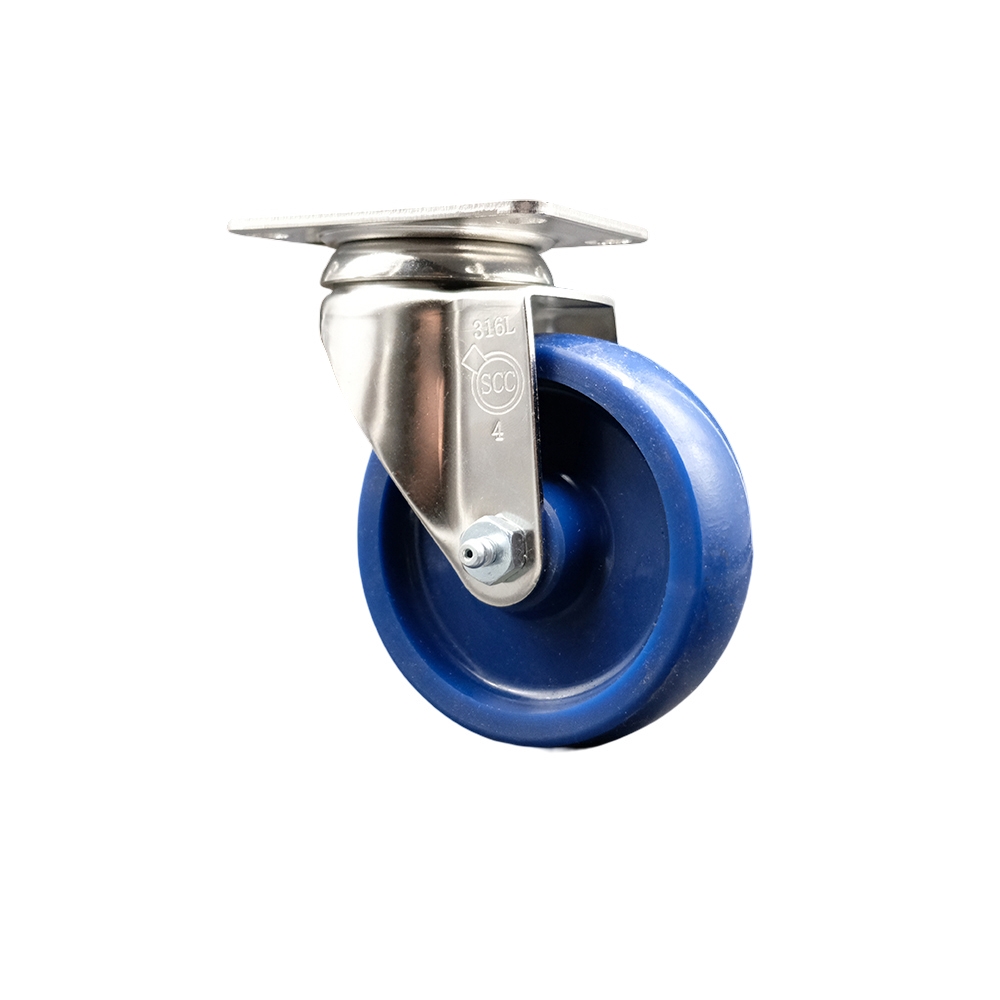 SCC-SS31620S414-SPUS Solid Polyurethane Swivel Top Plate Caster with 4 in. 316 Stainless Steel Blue Caster Wheel
