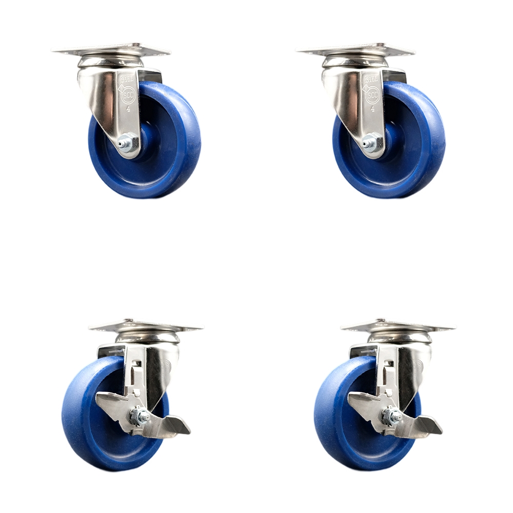 SCC-SS31620S414-SPUS-2-TLB-2 Solid Polyurethane Swivel Top Plate Caster with 4 in. 316 Stainless Steel Blue Wheels - Set of 4
