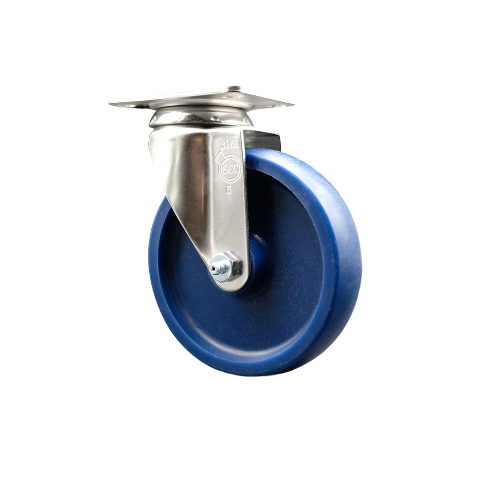 SCC-SS31620S514-SPUS Solid Polyurethane Swivel Top Plate Caster with 5 in. 316 Stainless Steel Blue Caster Wheel