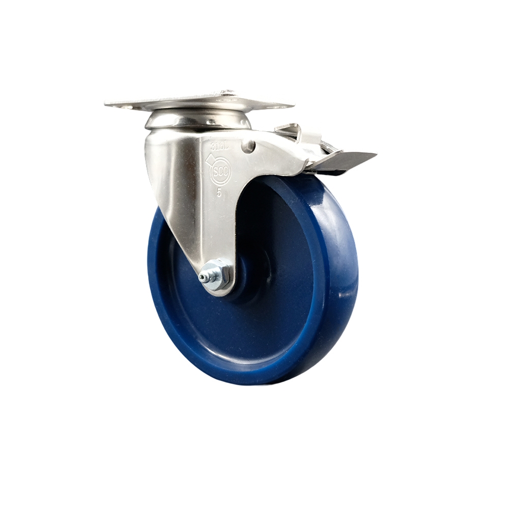 SCC-SS316TTL20S514-SPUS Solid Polyurethane Swivel Top Plate Caster with 5 in. 316 Stainless Steel Blue Caster Wheel & Total Lock Brake