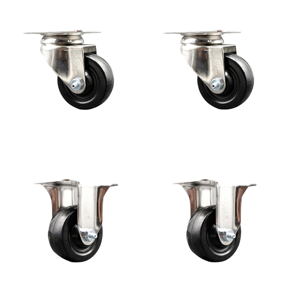 SCC-SS31620S314-SRS-2-R-2 Soft Rubber Swivel Top Plate Caster with 3 in. Black Caster Wheels - 316 Stainless Steel Casters - Set of 4