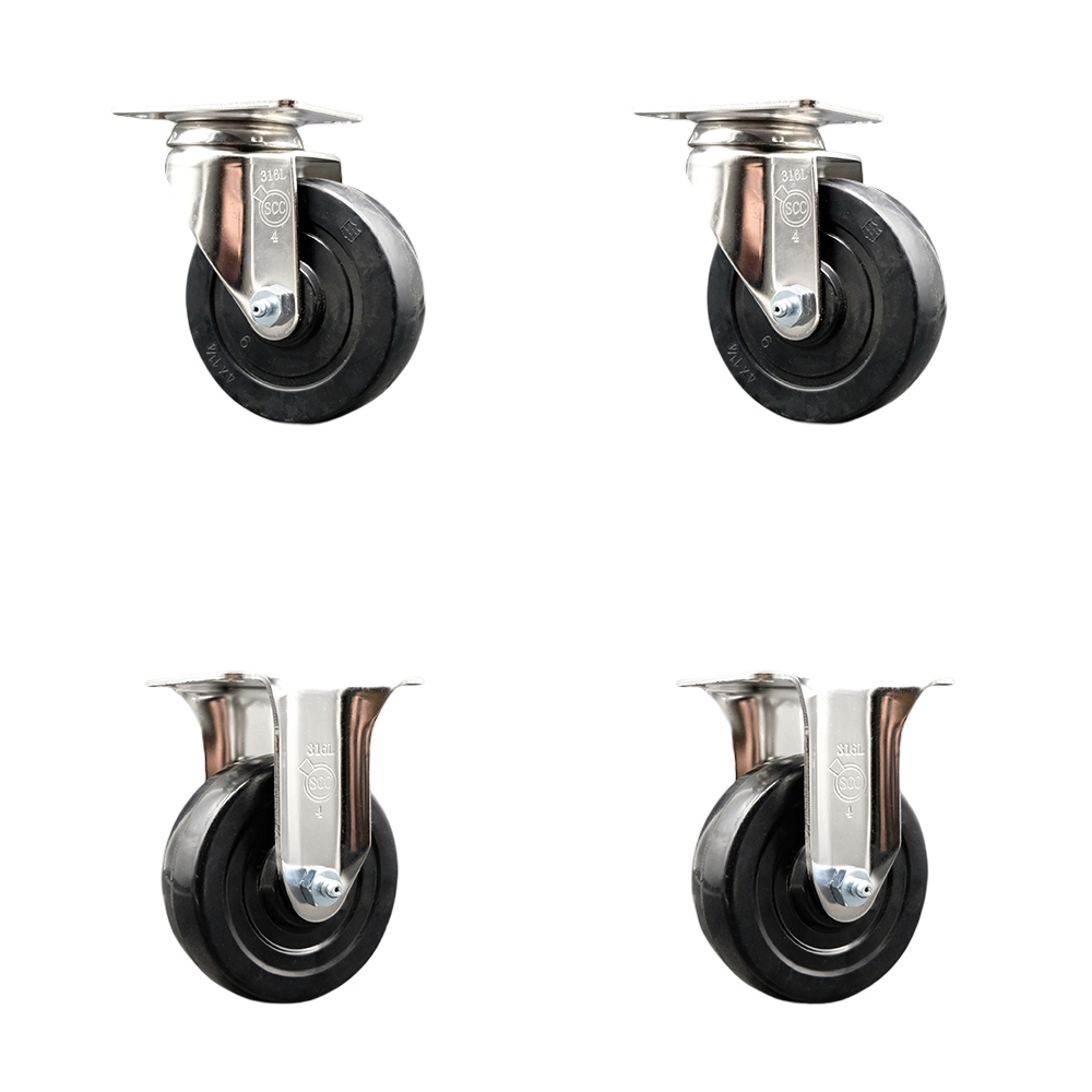 SCC-SS31620S414-SRS-2-R-2 Soft Rubber Swivel Top Plate Caster with 4 in. Black Caster Wheels - 316 Stainless Steel Casters - Set of 4