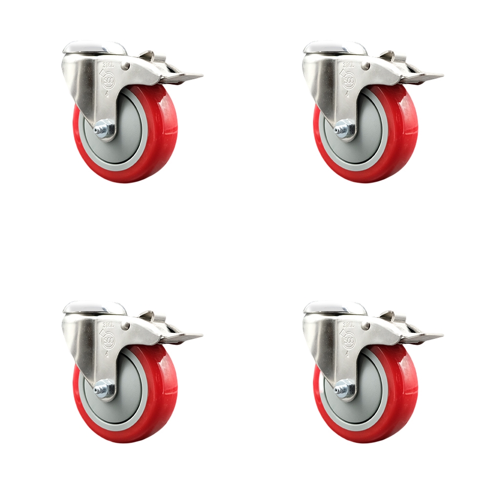 SCC-SS316BHTTL20S414-PPUB-RED-4 Polyurethane Swivel Bolt Hole Caster with 4 in. Red Caster Wheels - 316 Stainless Steel Caster - Set of 4