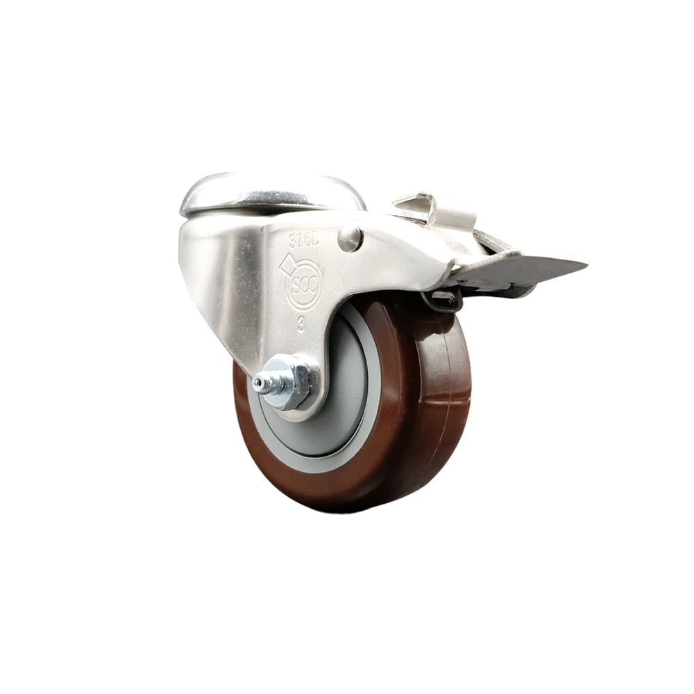 SCC-SS316BHTTL20S3514-PPUB-MRN Polyurethane Swivel Bolt Hole Caster with 3.5 in. Maroon Caster Wheel & Total Lock Brake - 316 Stainless Steel Caster