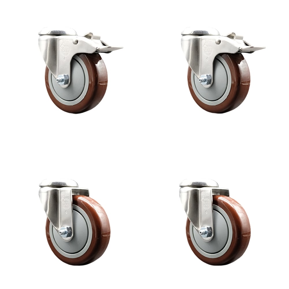SCC-SS316BHTTL20S414-PPUB-MRN-2-S-2 Polyurethane Swivel Bolt Hole Caster with 4 in. Maroon Caster Wheels - 316 Stainless Steel Casters - Set of 4