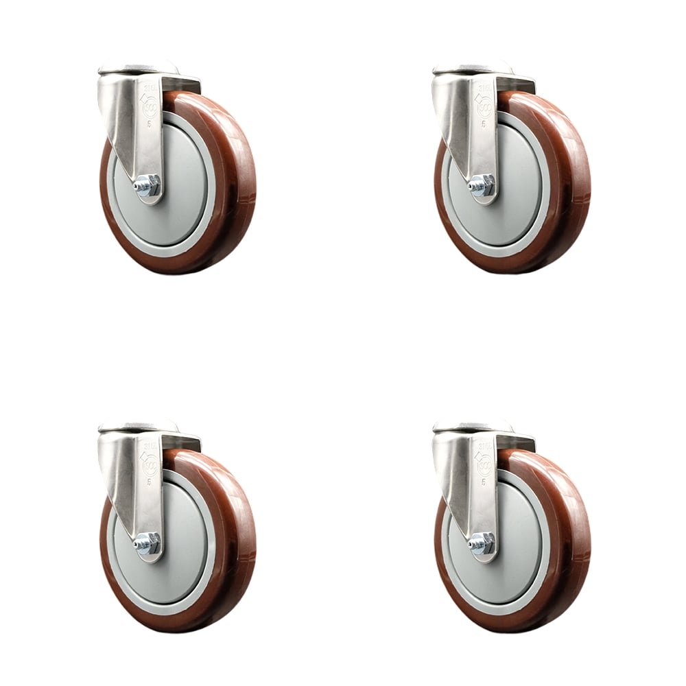 SCC-SS316BH20S514-PPUB-MRN-4 Polyurethane Swivel Bolt Hole Caster with 5 in. Maroon Caster Wheels - 316 Stainless Steel Casters - Set of 4