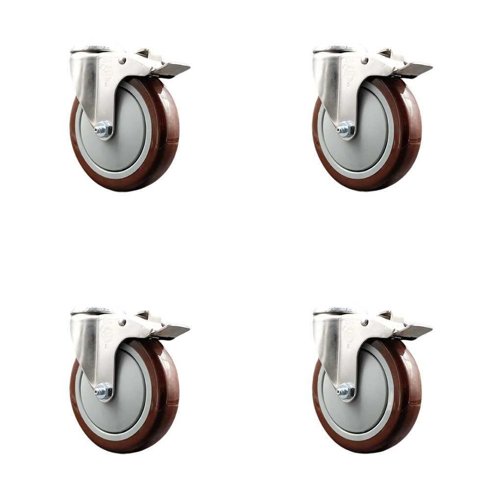 SCC-SS316BHTTL20S514-PPUB-MRN-4 Polyurethane Swivel Bolt Hole Caster with 5 in. Maroon Caster Wheels - 316 Stainless Steel Caster - Set of 4