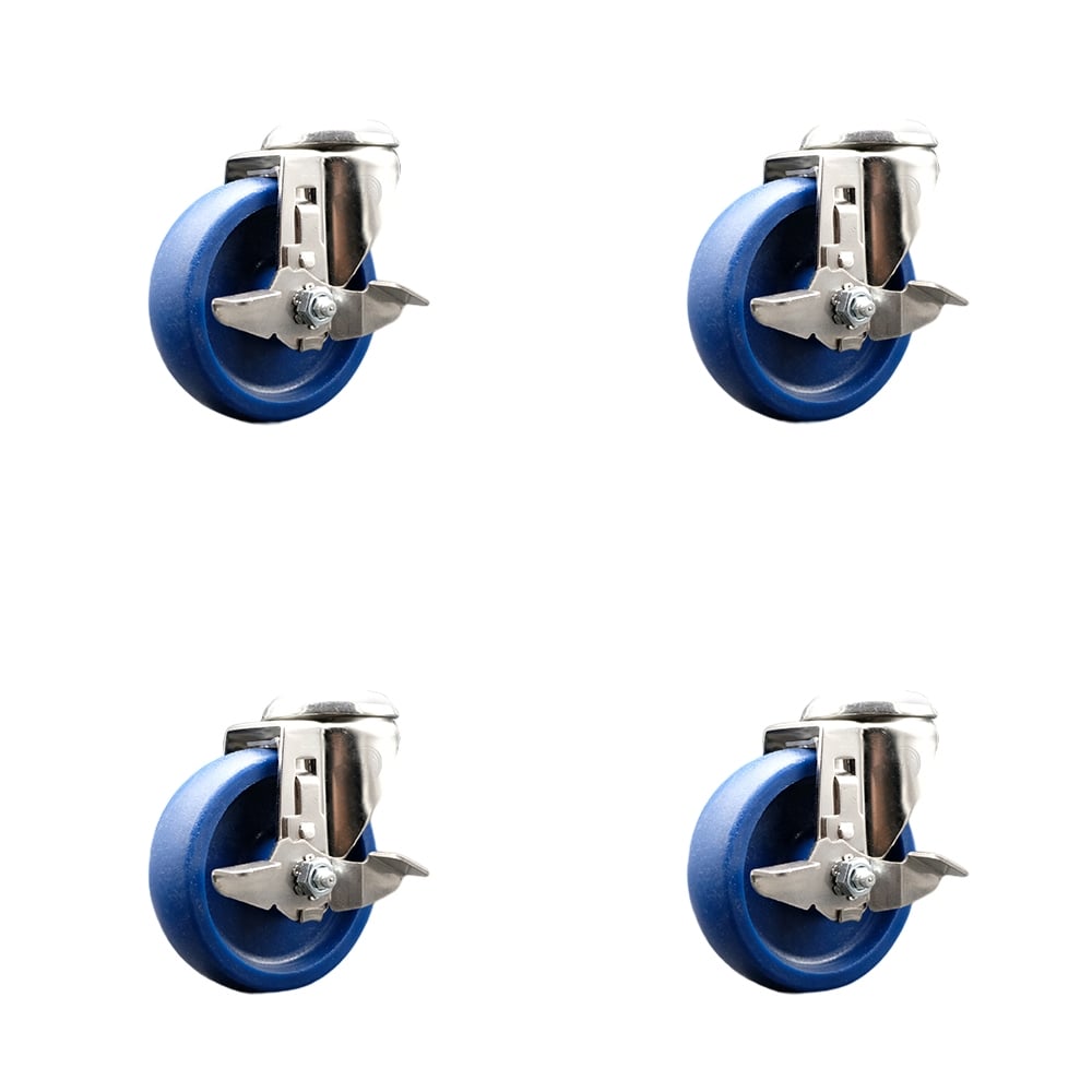 SCC-SS316BH20S414-SPUS-TLB-4 Solid Poly Swivel Bolt Hole Caster with 4 in. Blue Caster Wheels - 316 Stainless Steel Casters - Set of 4