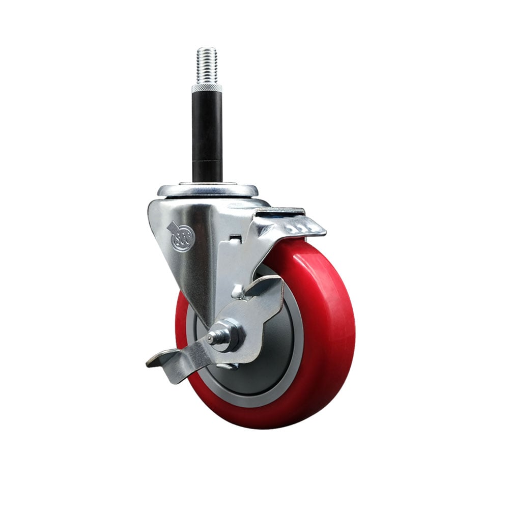 SCC-SSEX20S414-PPUB-RED-TLB-34 Stainless Steel Polyurethane Expanding Stem Swivel Caster with 4 in. Red Wheel & 0.75 in. Stem & Top Locking Brake