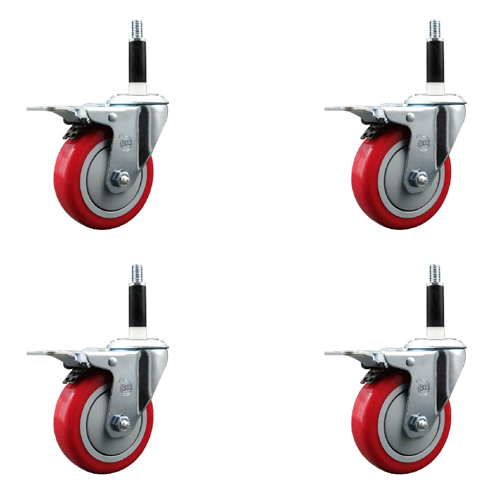 Stainless Steel Polyurethane Swivel Expanding Stem Caster with 4 in. Red Wheels & 0.87 in. Stems 4 Swivel with Total Locking Brakes - Set of 4