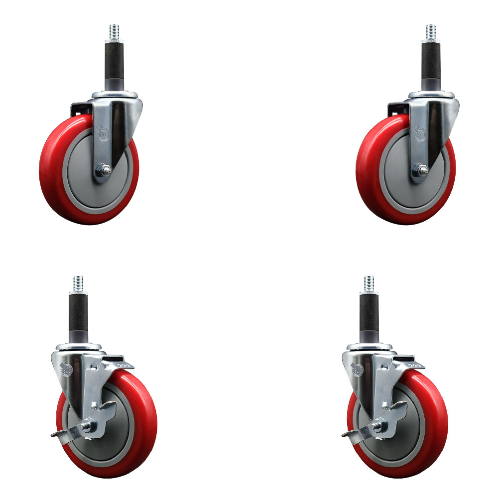 SCC-SSEX20S514-PPUB-RED-2-TLB-2-1 Stainless Steel Polyurethane Swivel Expanding Stem Caster with 5 in. Red Wheels & 1 in. Stems - Set of 4